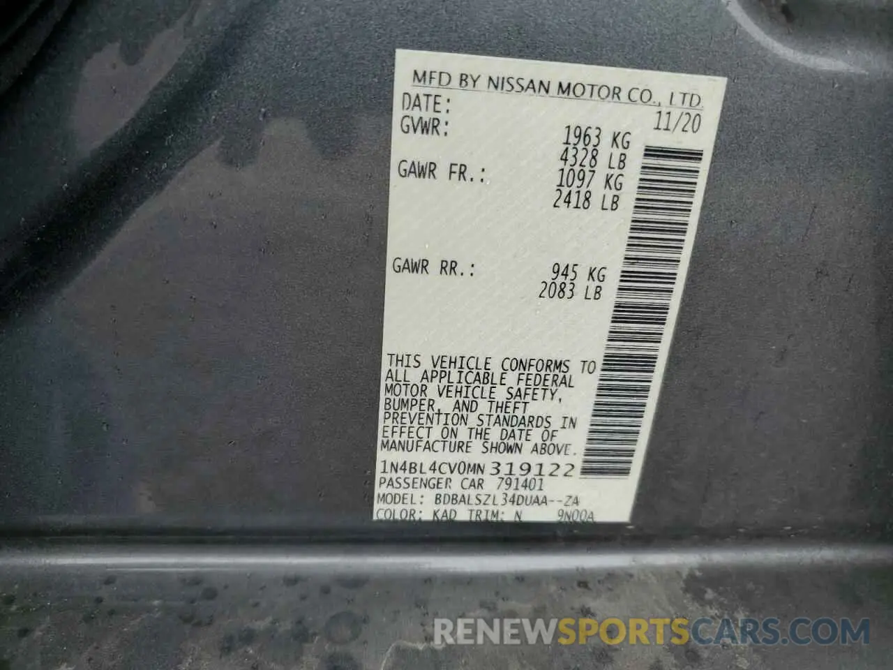 12 Photograph of a damaged car 1N4BL4CV0MN319122 NISSAN ALTIMA 2021