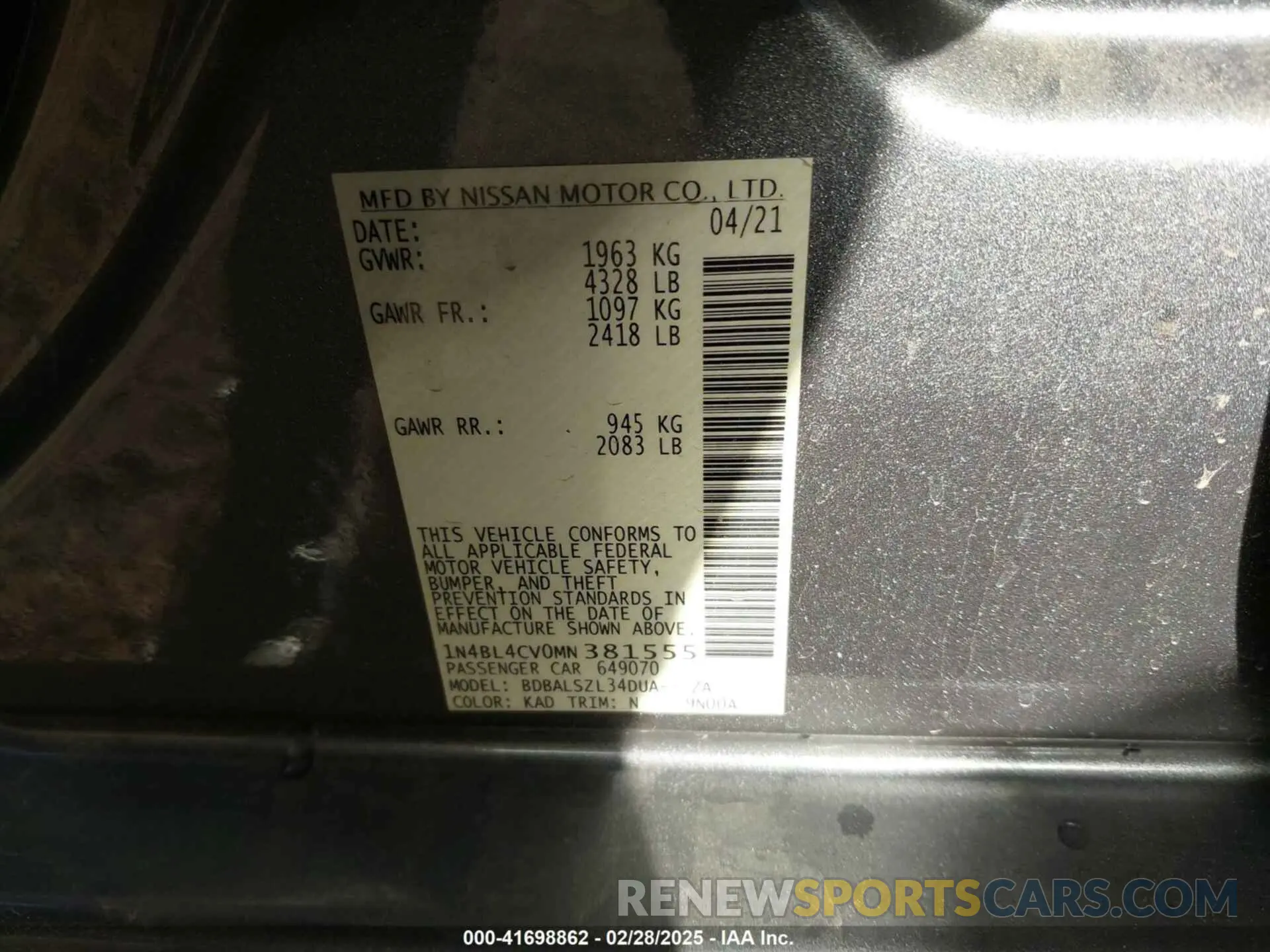 9 Фотография поврежденного автомобиля 1N4BL4CV0MN381555 NISSAN ALTIMA 2021