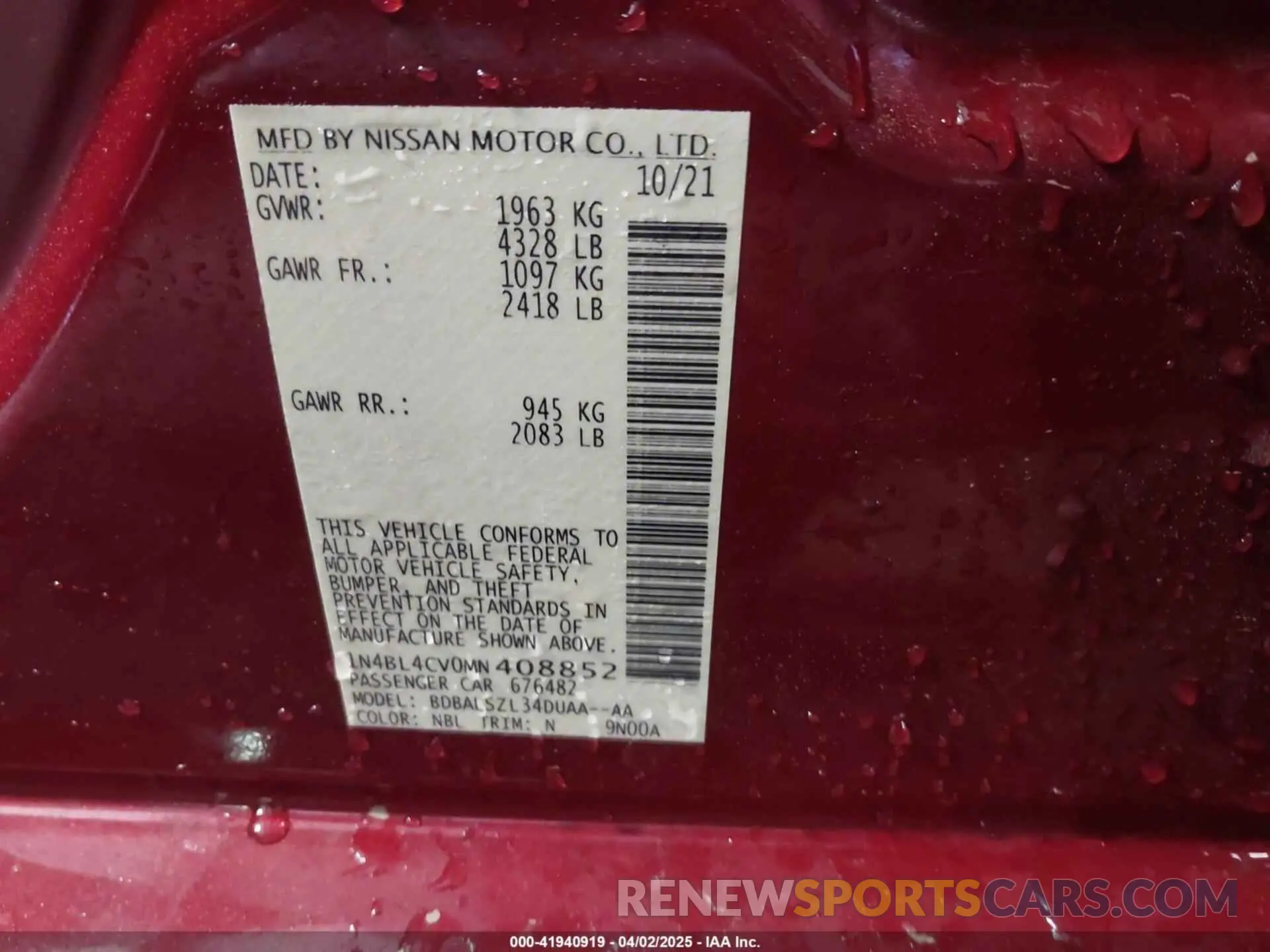9 Фотография поврежденного автомобиля 1N4BL4CV0MN408852 NISSAN ALTIMA 2021