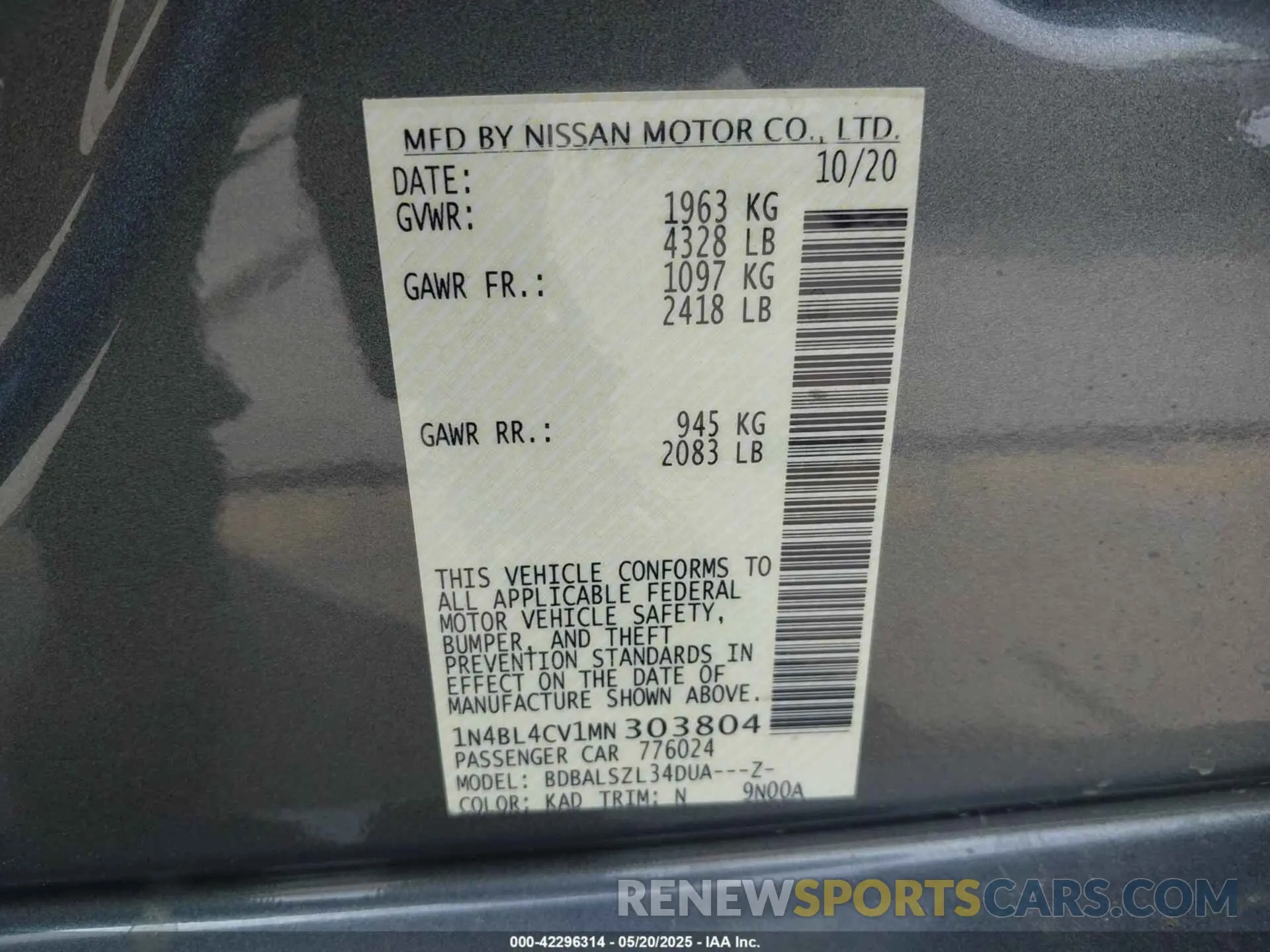 9 Photograph of a damaged car 1N4BL4CV1MN303804 NISSAN ALTIMA 2021