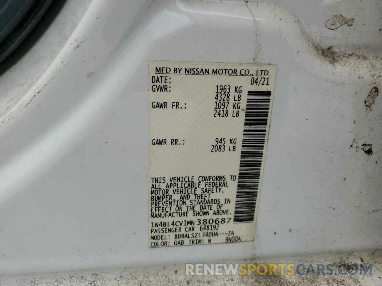 12 Photograph of a damaged car 1N4BL4CV1MN380687 NISSAN ALTIMA 2021
