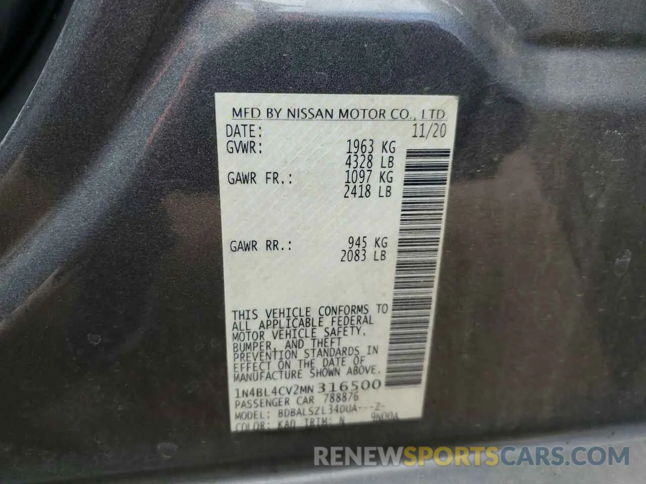 12 Photograph of a damaged car 1N4BL4CV2MN316500 NISSAN ALTIMA 2021