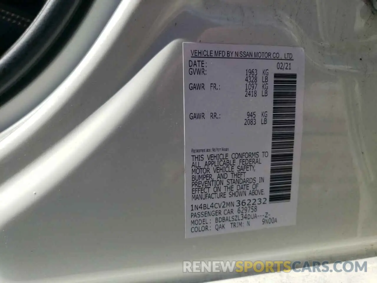 13 Фотография поврежденного автомобиля 1N4BL4CV2MN362232 NISSAN ALTIMA 2021