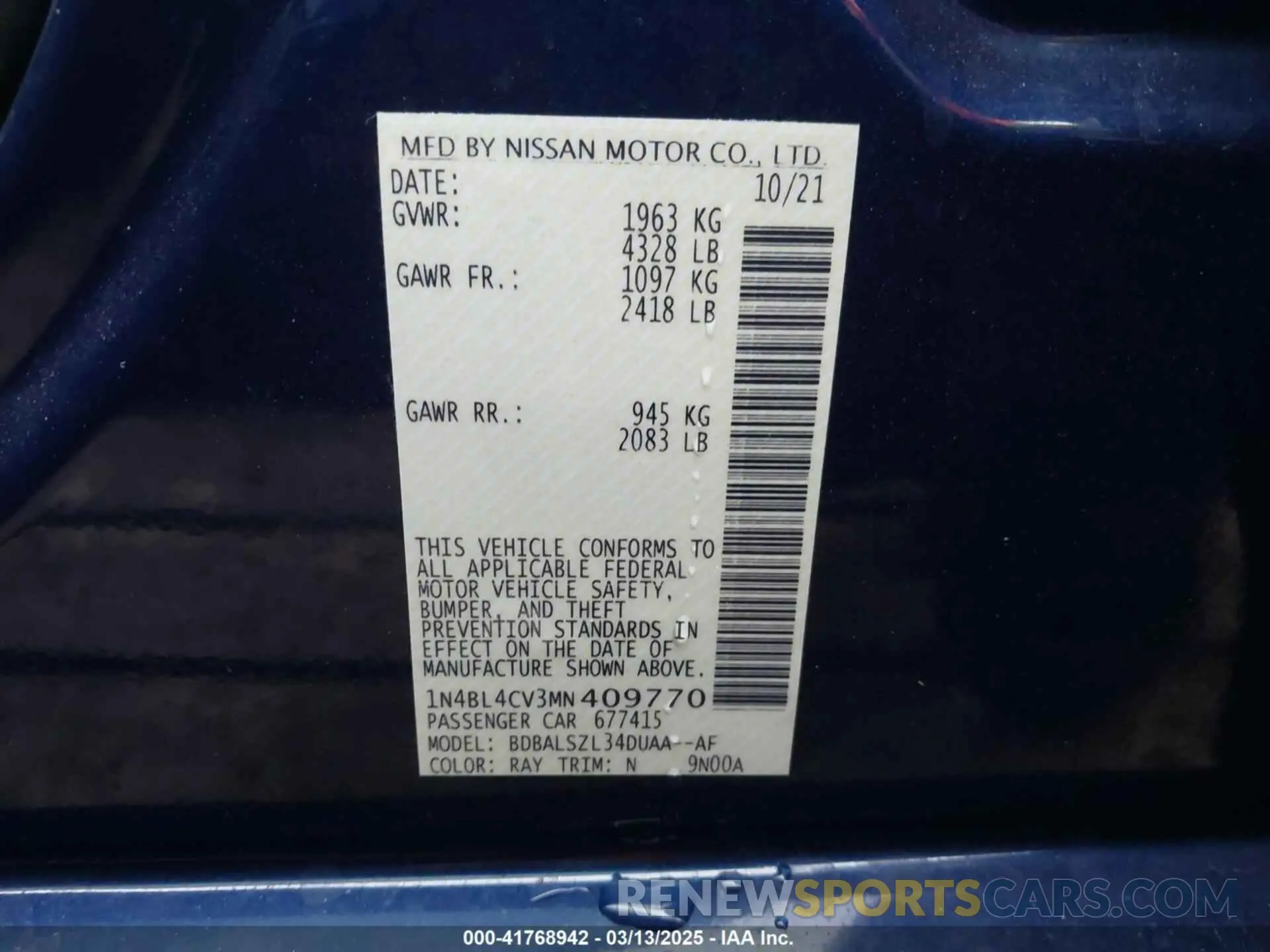 9 Фотография поврежденного автомобиля 1N4BL4CV3MN409770 NISSAN ALTIMA 2021