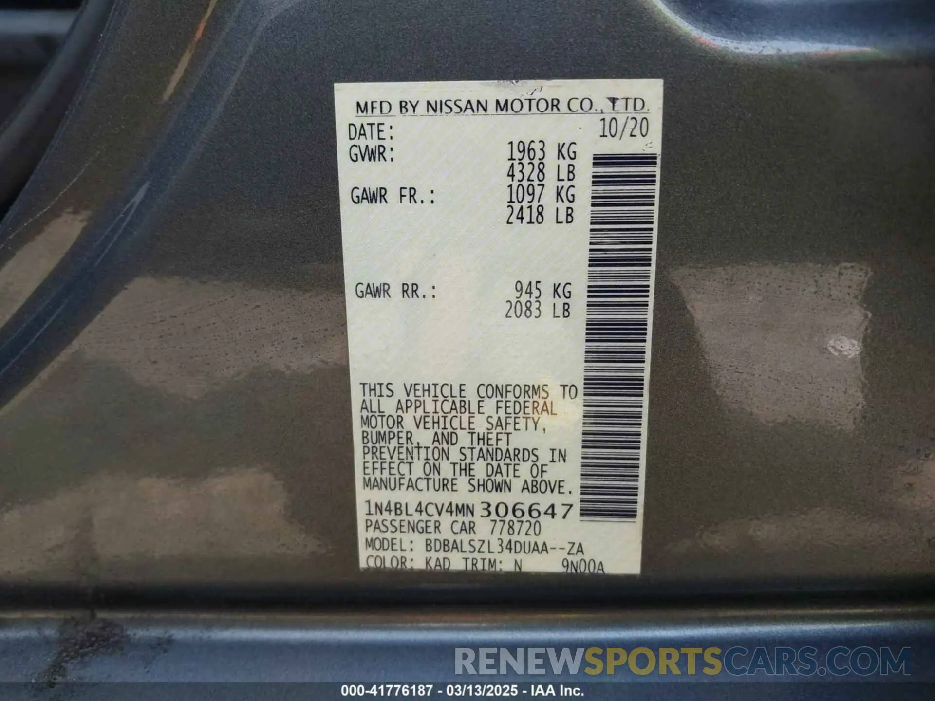 9 Photograph of a damaged car 1N4BL4CV4MN306647 NISSAN ALTIMA 2021