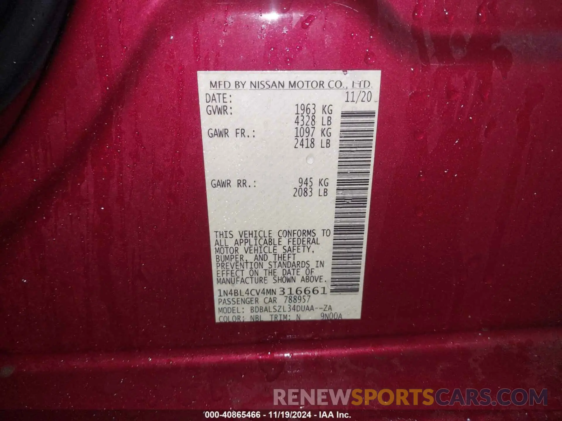 9 Photograph of a damaged car 1N4BL4CV4MN316661 NISSAN ALTIMA 2021