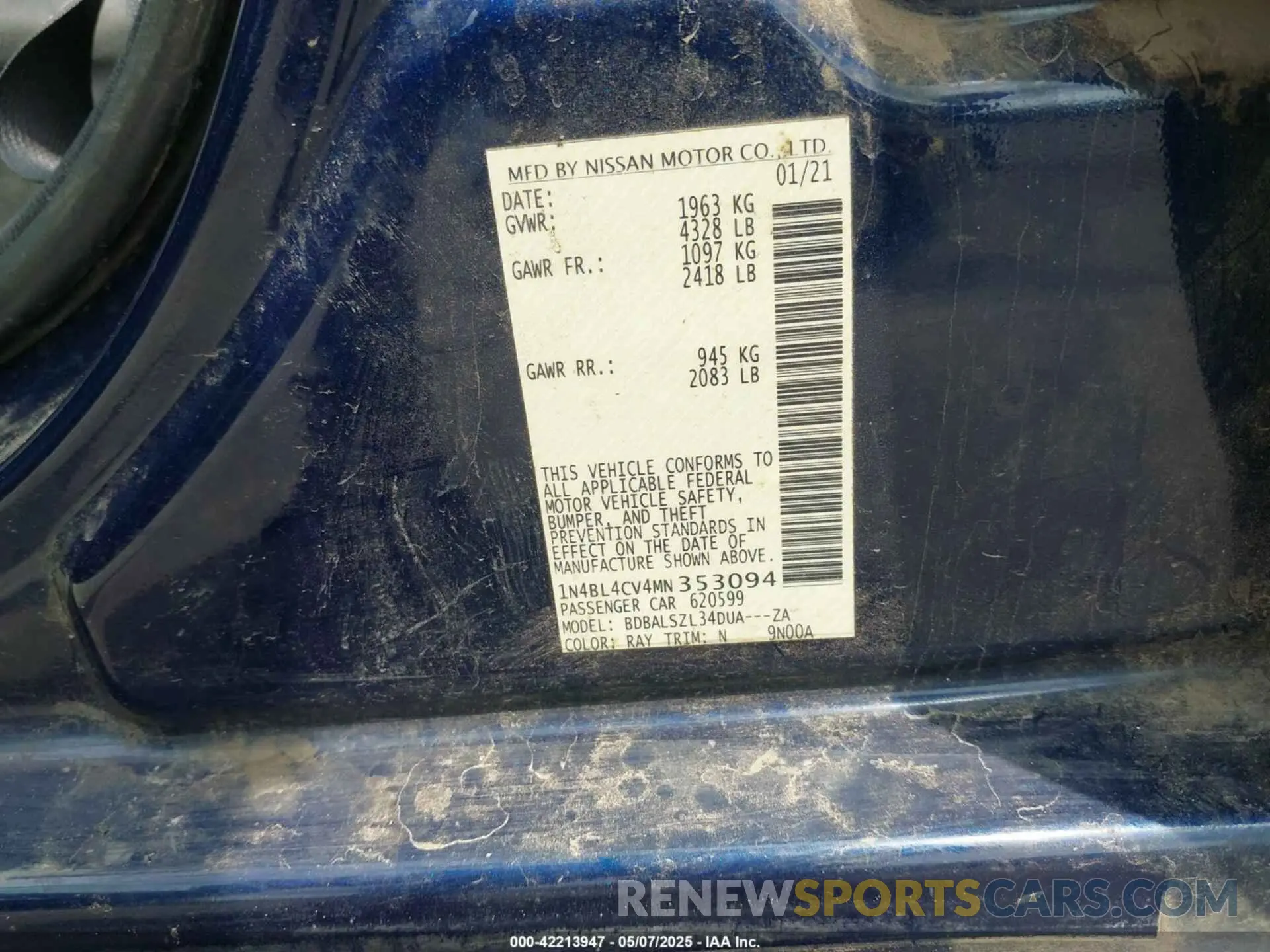 9 Photograph of a damaged car 1N4BL4CV4MN353094 NISSAN ALTIMA 2021