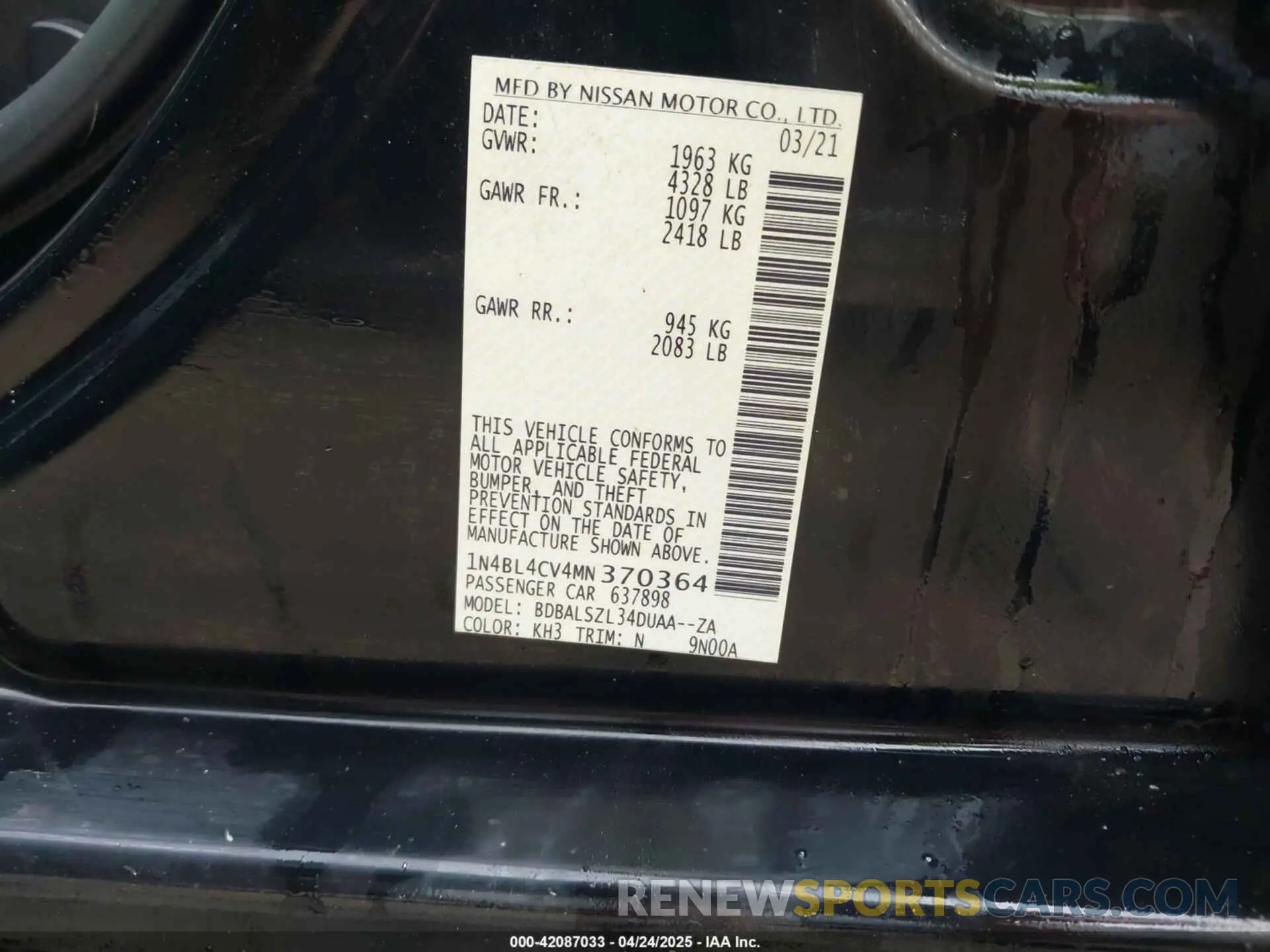 9 Photograph of a damaged car 1N4BL4CV4MN370364 NISSAN ALTIMA 2021