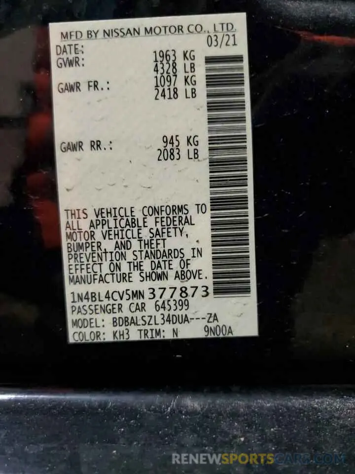 13 Фотография поврежденного автомобиля 1N4BL4CV5MN377873 NISSAN ALTIMA 2021
