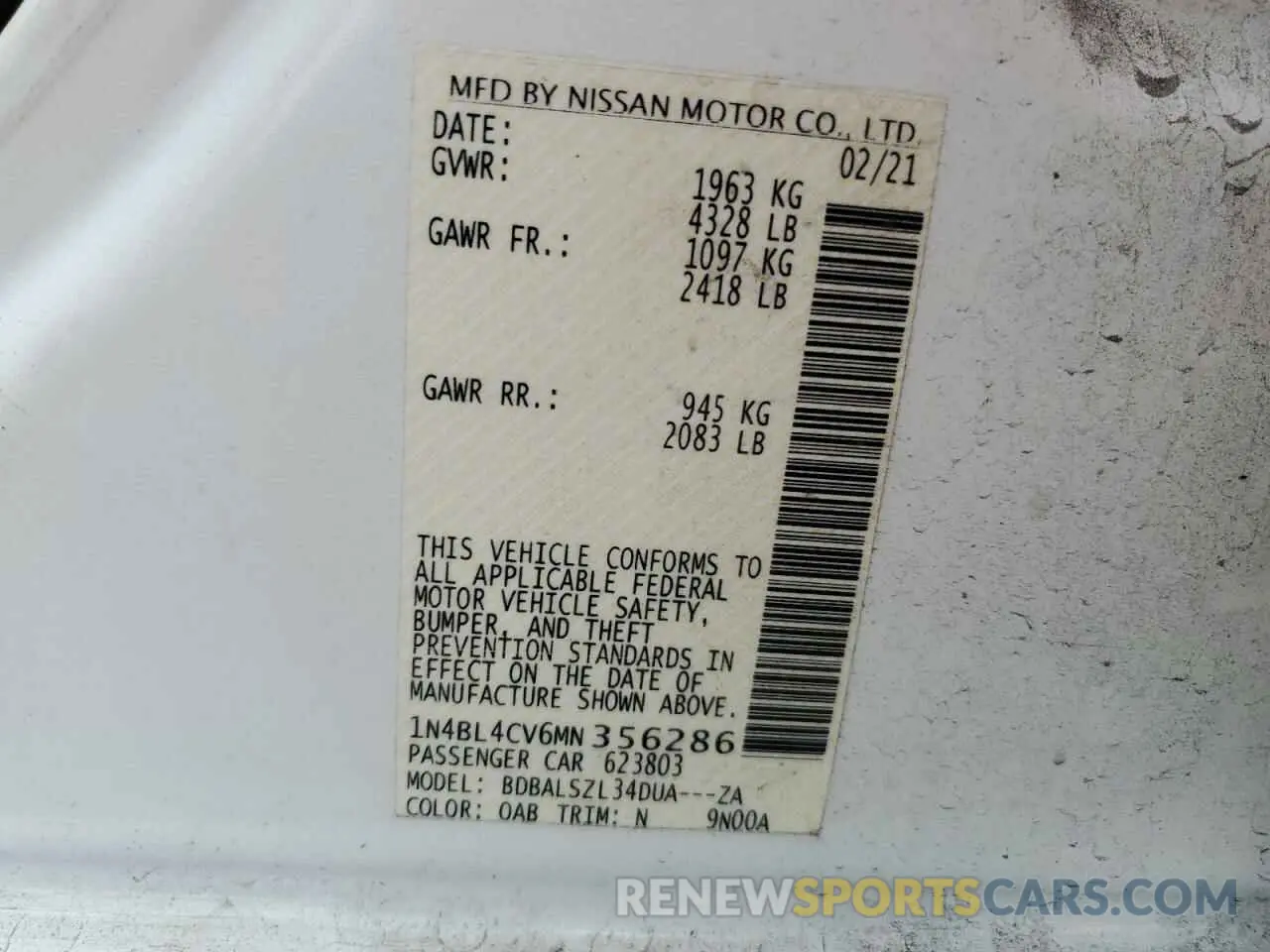 14 Photograph of a damaged car 1N4BL4CV6MN356286 NISSAN ALTIMA 2021