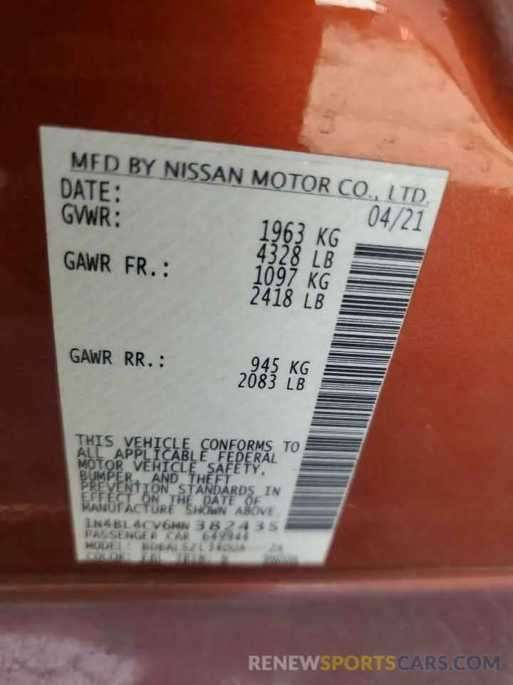 12 Photograph of a damaged car 1N4BL4CV6MN382435 NISSAN ALTIMA 2021