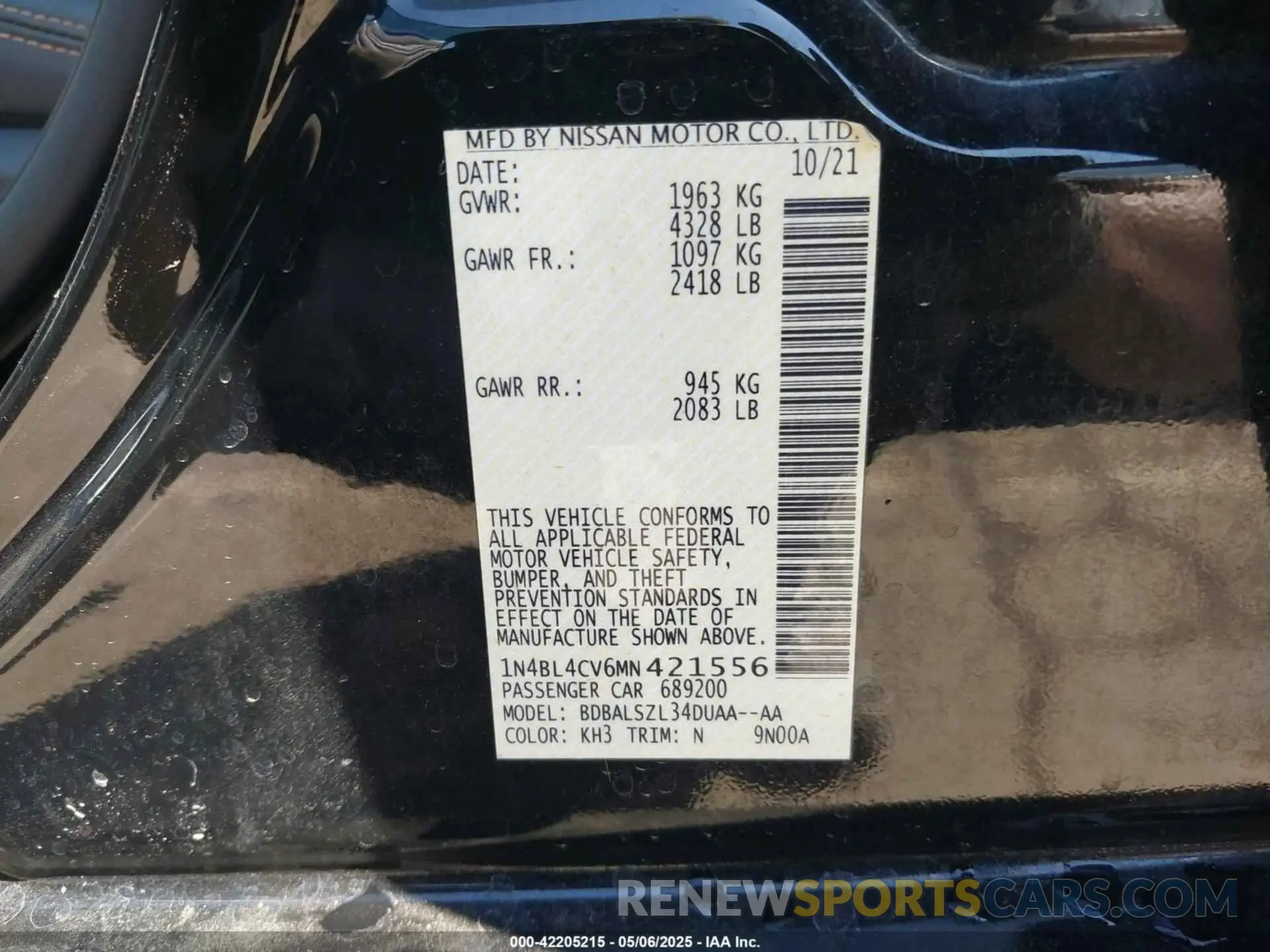 9 Photograph of a damaged car 1N4BL4CV6MN421556 NISSAN ALTIMA 2021