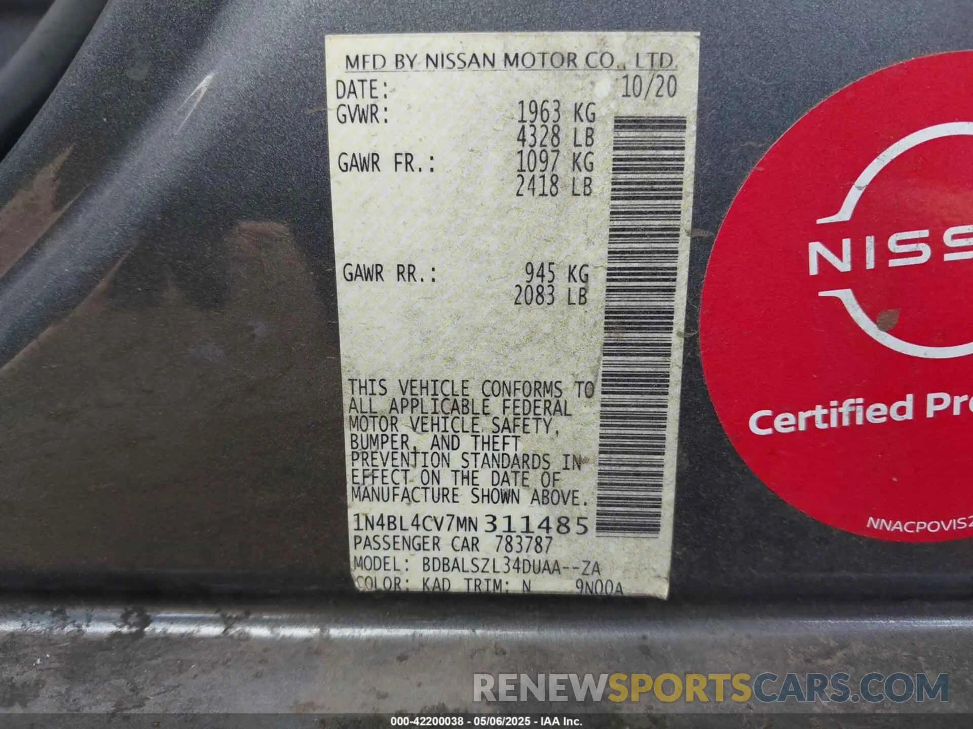 9 Photograph of a damaged car 1N4BL4CV7MN311485 NISSAN ALTIMA 2021