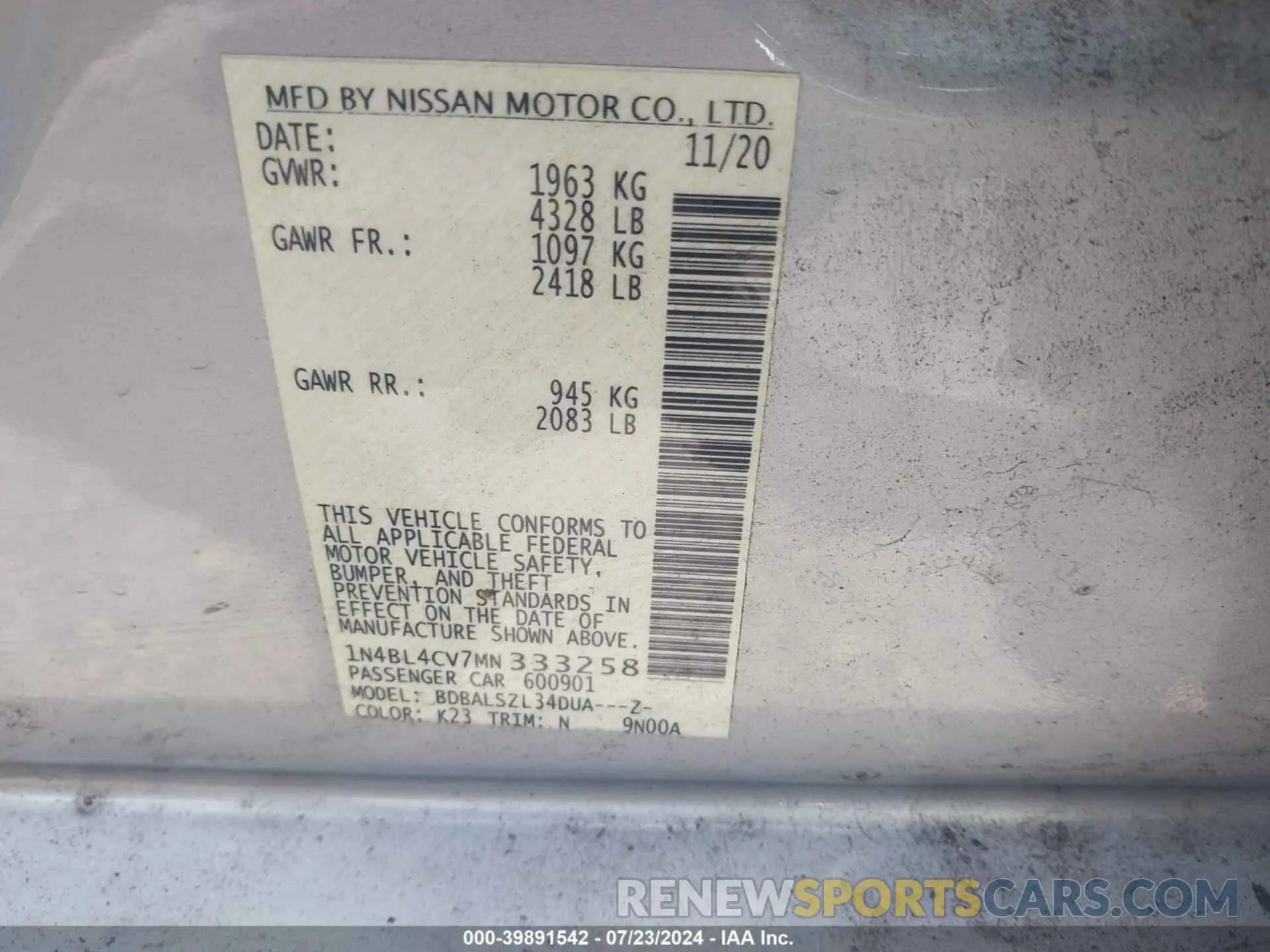 9 Фотография поврежденного автомобиля 1N4BL4CV7MN333258 NISSAN ALTIMA 2021