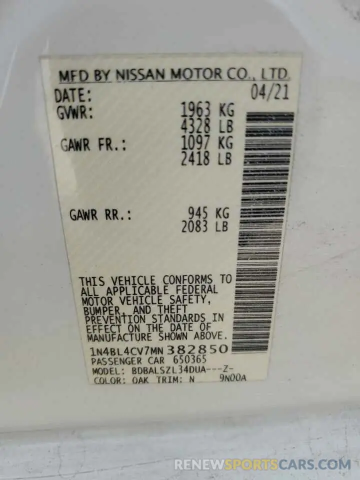 15 Photograph of a damaged car 1N4BL4CV7MN382850 NISSAN ALTIMA 2021