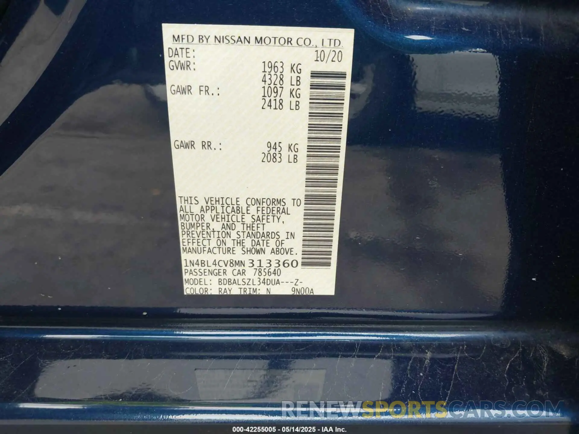 9 Photograph of a damaged car 1N4BL4CV8MN313360 NISSAN ALTIMA 2021