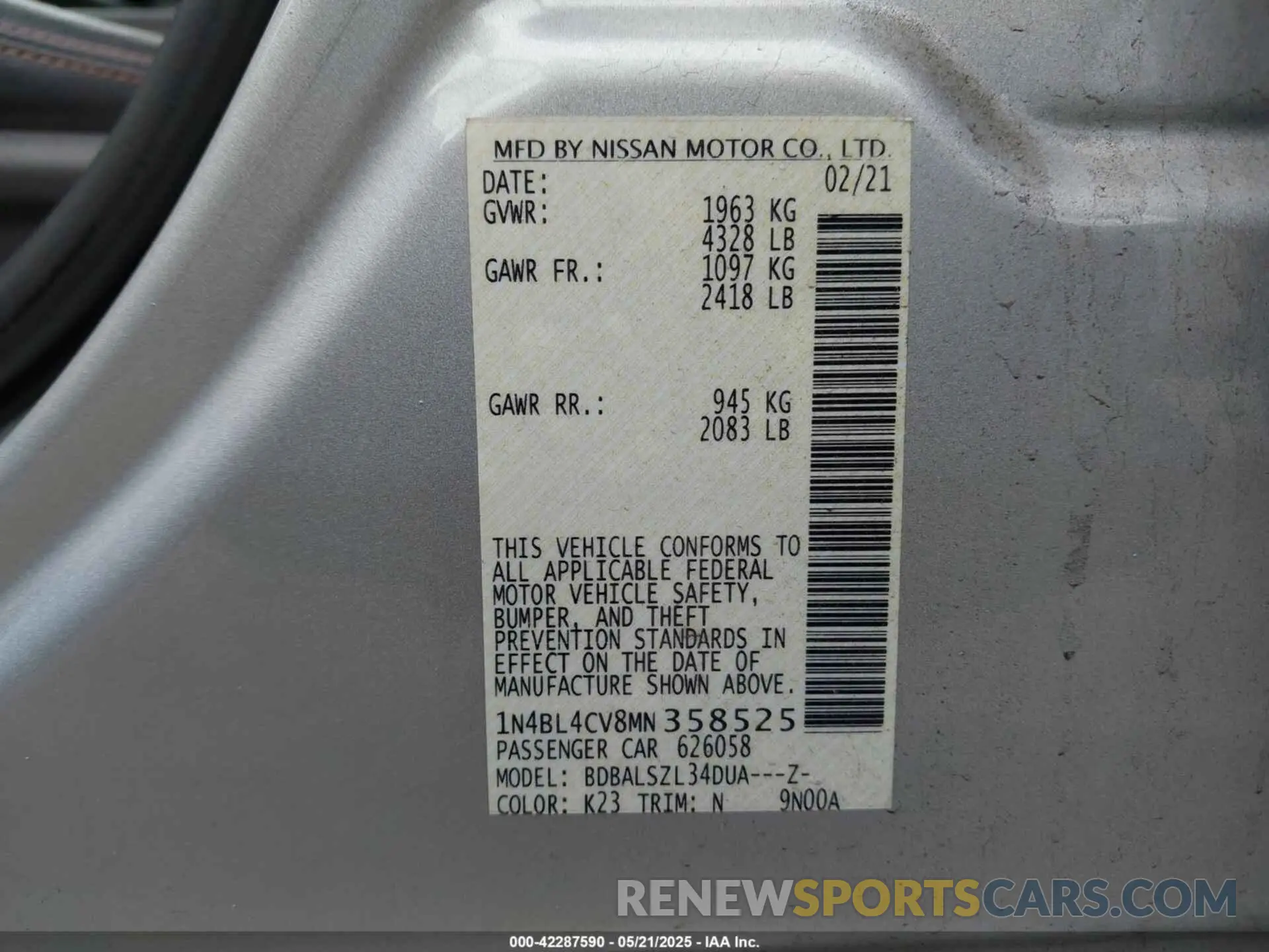 9 Photograph of a damaged car 1N4BL4CV8MN358525 NISSAN ALTIMA 2021
