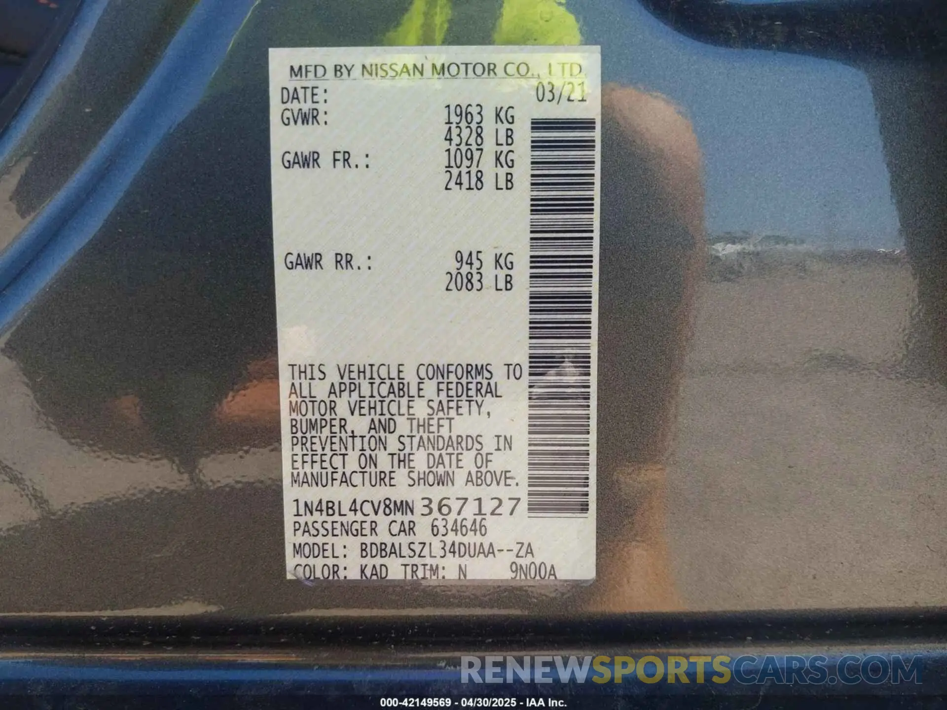 9 Фотография поврежденного автомобиля 1N4BL4CV8MN367127 NISSAN ALTIMA 2021