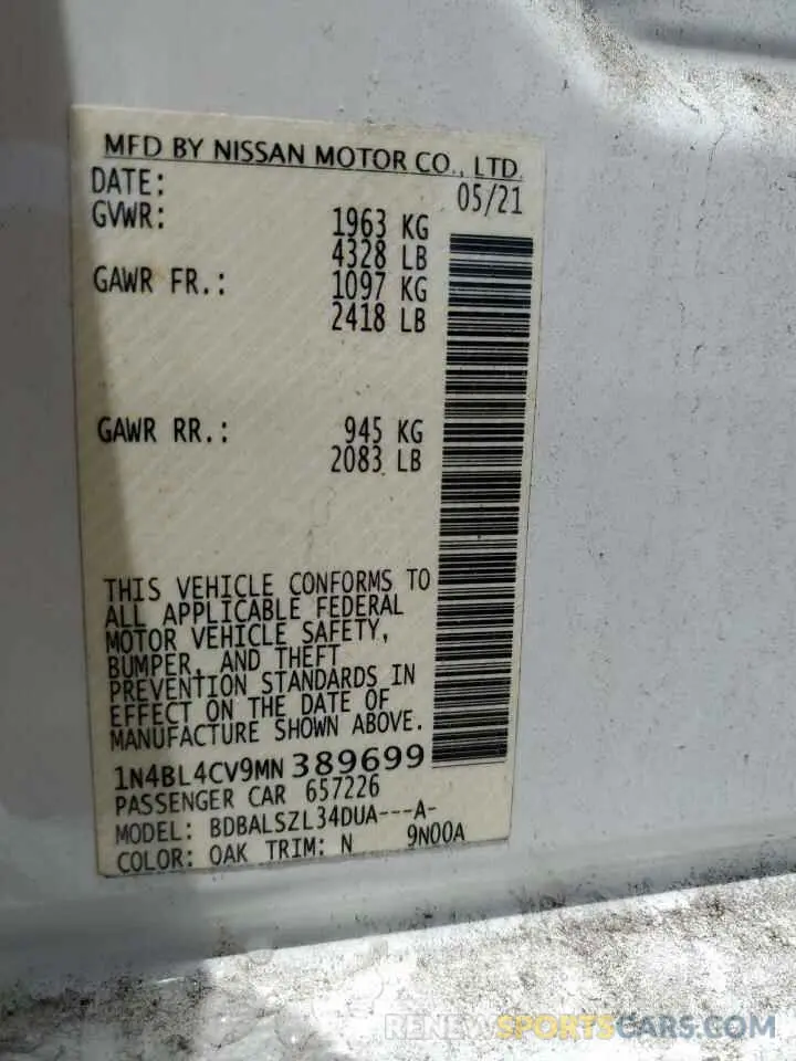 12 Фотография поврежденного автомобиля 1N4BL4CV9MN389699 NISSAN ALTIMA 2021
