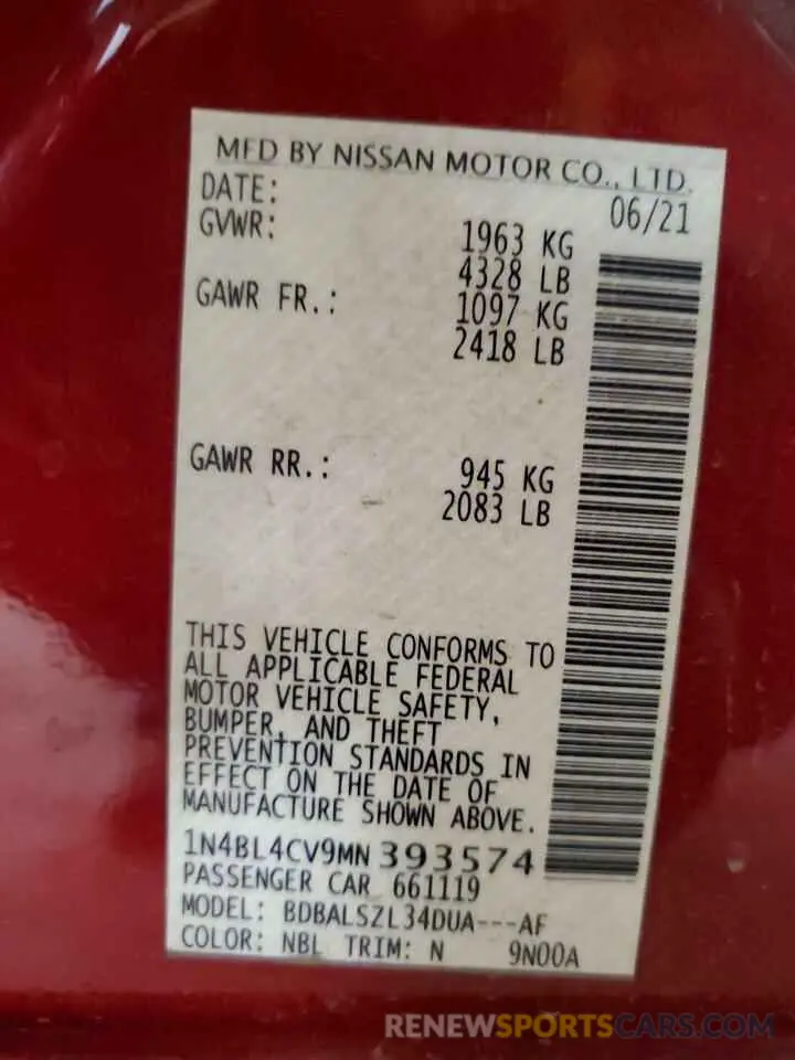 14 Фотография поврежденного автомобиля 1N4BL4CV9MN393574 NISSAN ALTIMA 2021