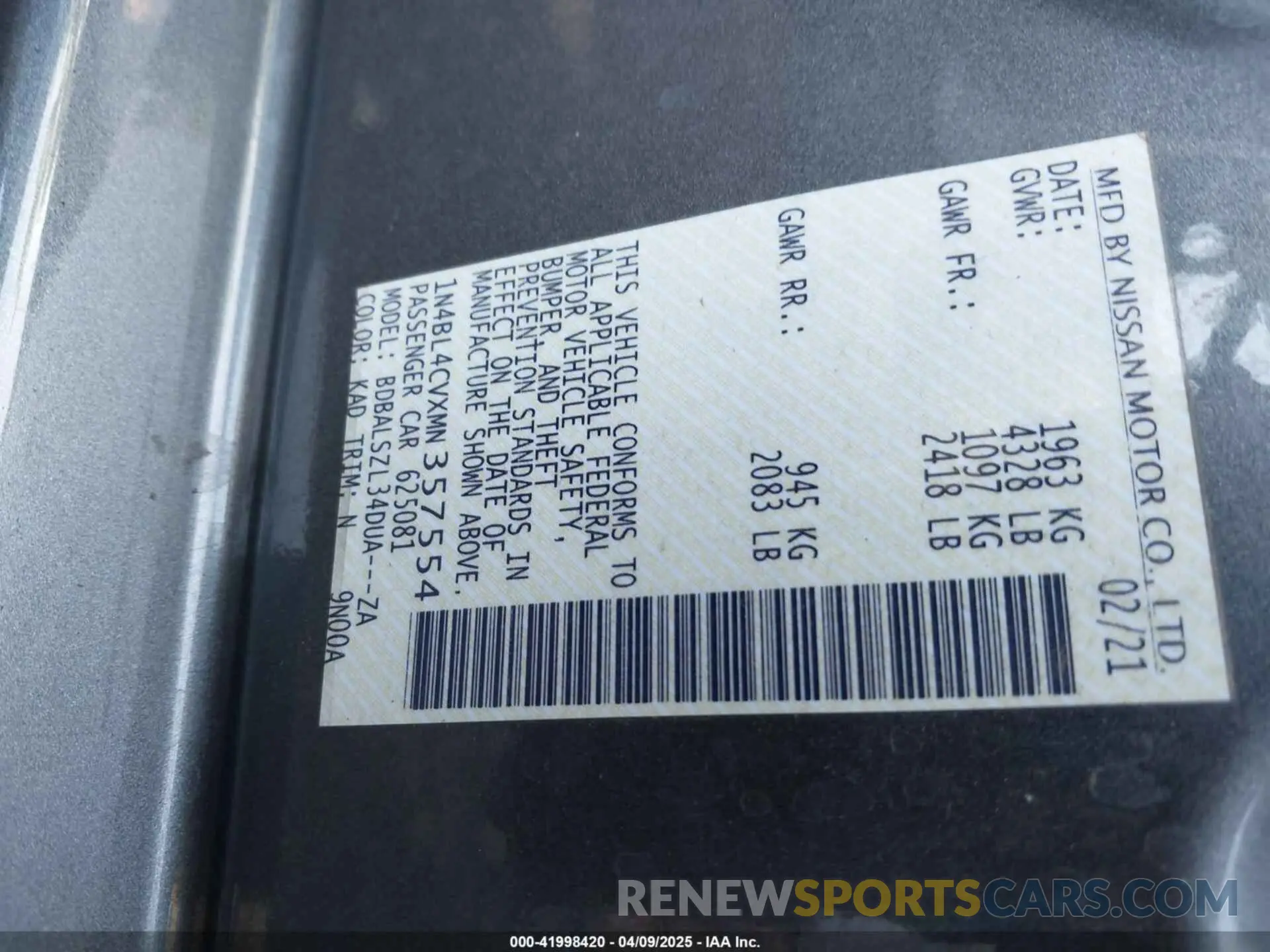 9 Фотография поврежденного автомобиля 1N4BL4CVXMN357554 NISSAN ALTIMA 2021