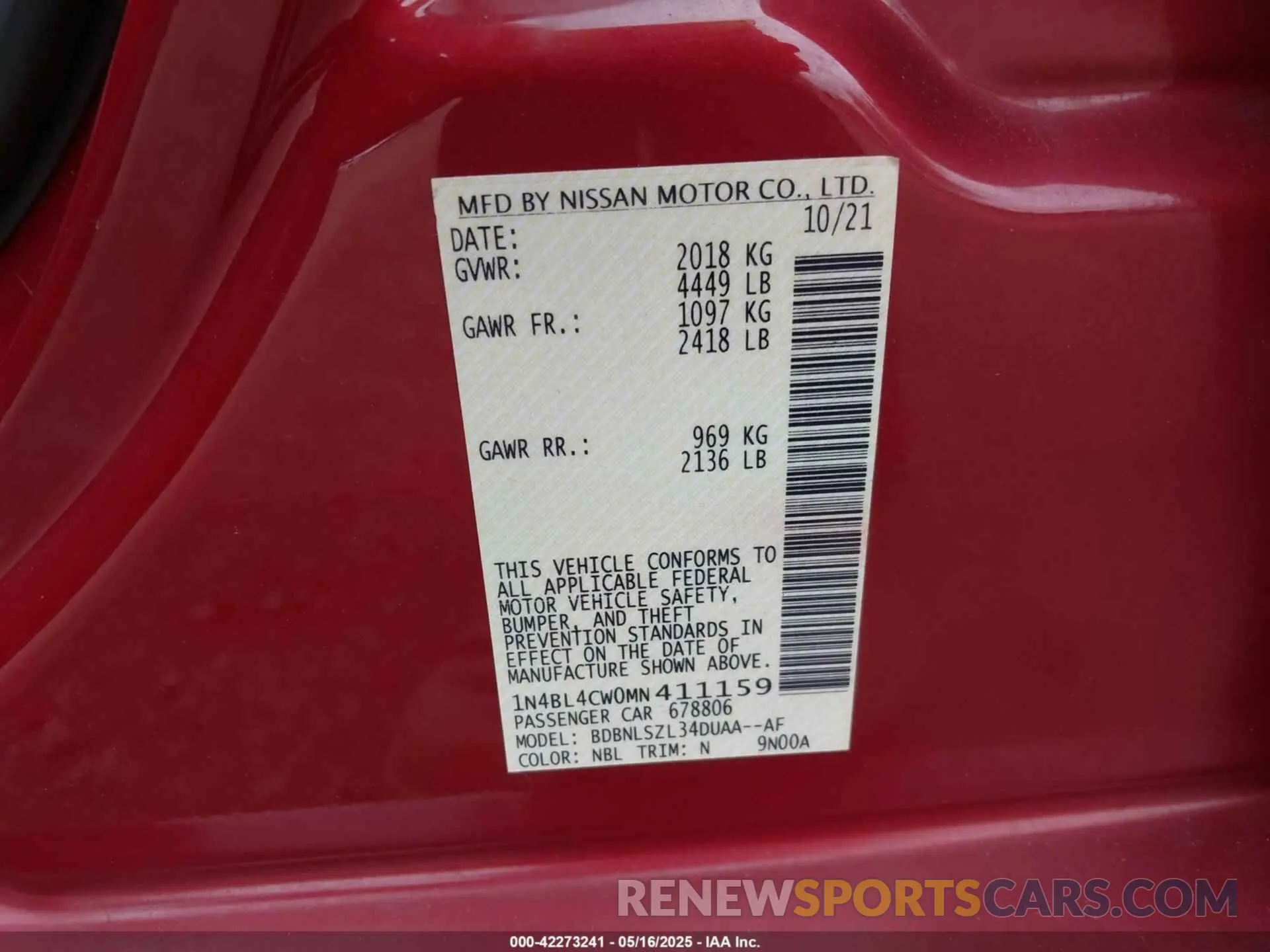 9 Фотография поврежденного автомобиля 1N4BL4CW0MN411159 NISSAN ALTIMA 2021