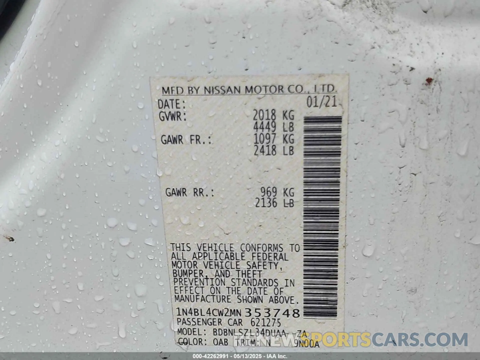 9 Photograph of a damaged car 1N4BL4CW2MN353748 NISSAN ALTIMA 2021