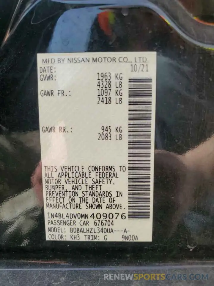12 Photograph of a damaged car 1N4BL4DV0MN409076 NISSAN ALTIMA 2021