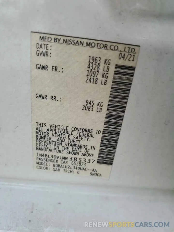 12 Фотография поврежденного автомобиля 1N4BL4DV1MN385337 NISSAN ALTIMA 2021
