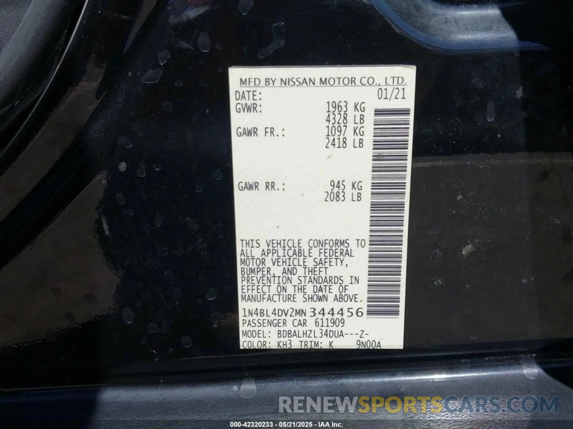 9 Photograph of a damaged car 1N4BL4DV2MN344456 NISSAN ALTIMA 2021