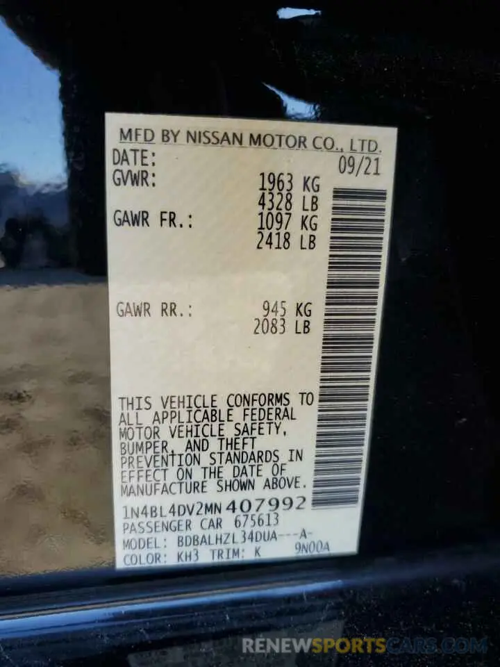 12 Фотография поврежденного автомобиля 1N4BL4DV2MN407992 NISSAN ALTIMA 2021