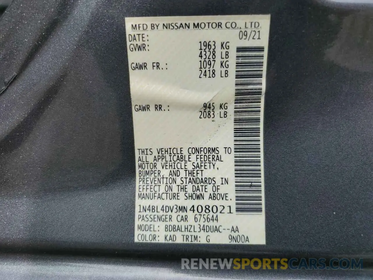 12 Фотография поврежденного автомобиля 1N4BL4DV3MN408021 NISSAN ALTIMA 2021