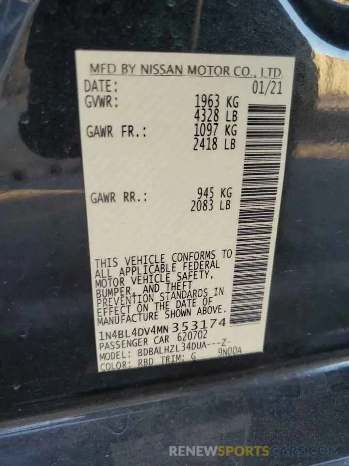14 Photograph of a damaged car 1N4BL4DV4MN353174 NISSAN ALTIMA 2021