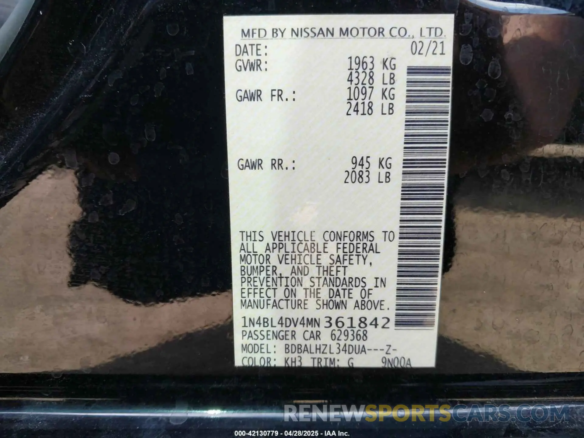 9 Photograph of a damaged car 1N4BL4DV4MN361842 NISSAN ALTIMA 2021
