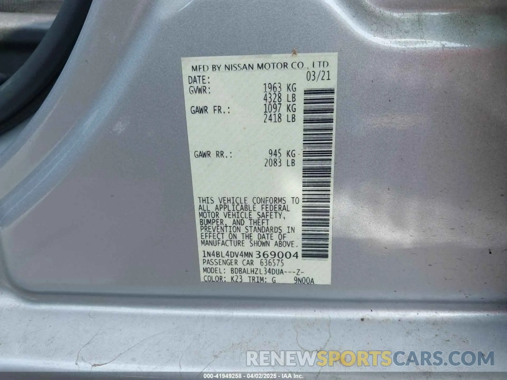 9 Фотография поврежденного автомобиля 1N4BL4DV4MN369004 NISSAN ALTIMA 2021