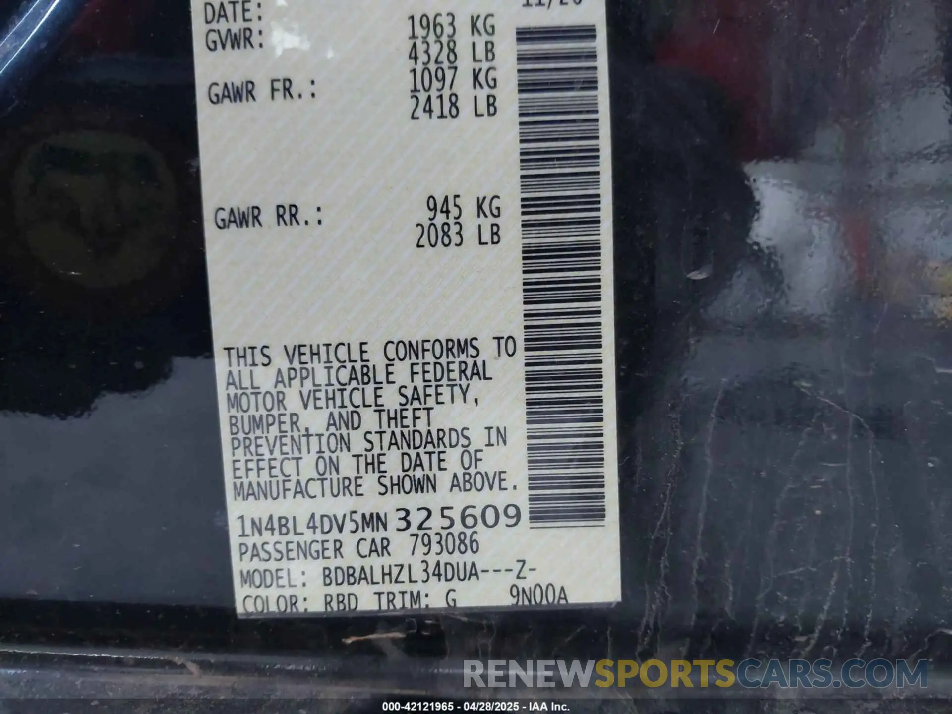 9 Фотография поврежденного автомобиля 1N4BL4DV5MN325609 NISSAN ALTIMA 2021