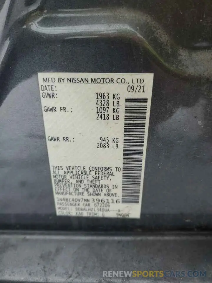 13 Photograph of a damaged car 1N4BL4DV7MN396116 NISSAN ALTIMA 2021