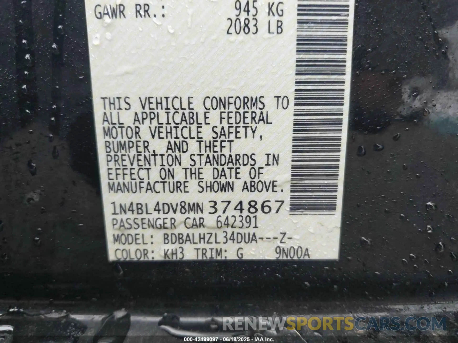 9 Photograph of a damaged car 1N4BL4DV8MN374867 NISSAN ALTIMA 2021