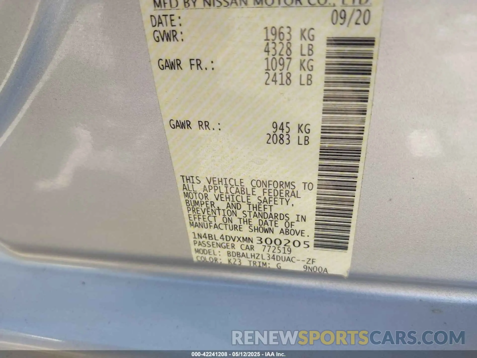 9 Photograph of a damaged car 1N4BL4DVXMN300205 NISSAN ALTIMA 2021