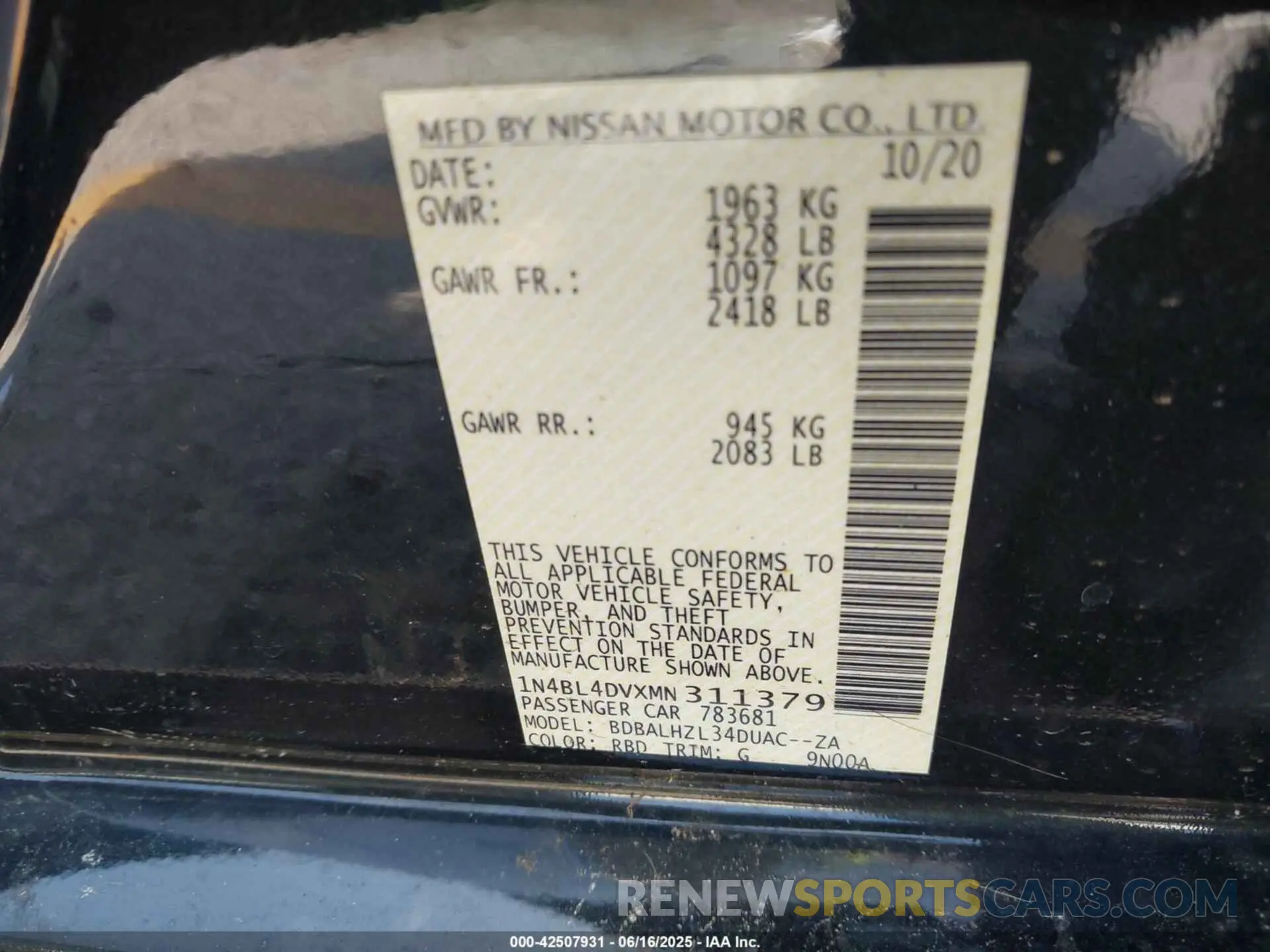 9 Photograph of a damaged car 1N4BL4DVXMN311379 NISSAN ALTIMA 2021