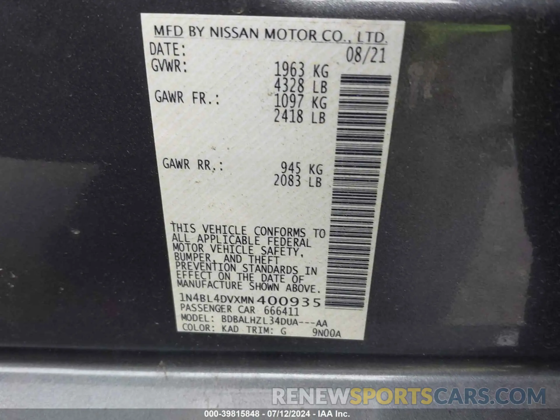 9 Фотография поврежденного автомобиля 1N4BL4DVXMN400935 NISSAN ALTIMA 2021