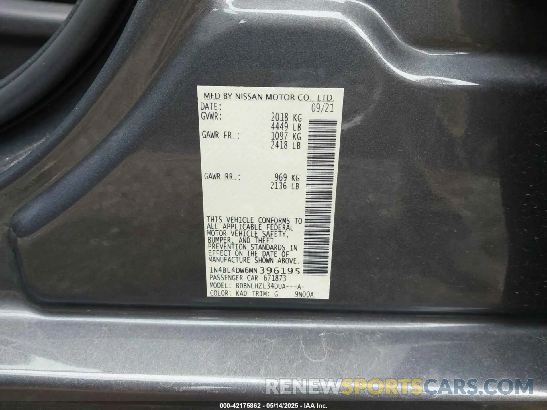 9 Photograph of a damaged car 1N4BL4DW6MN396195 NISSAN ALTIMA 2021