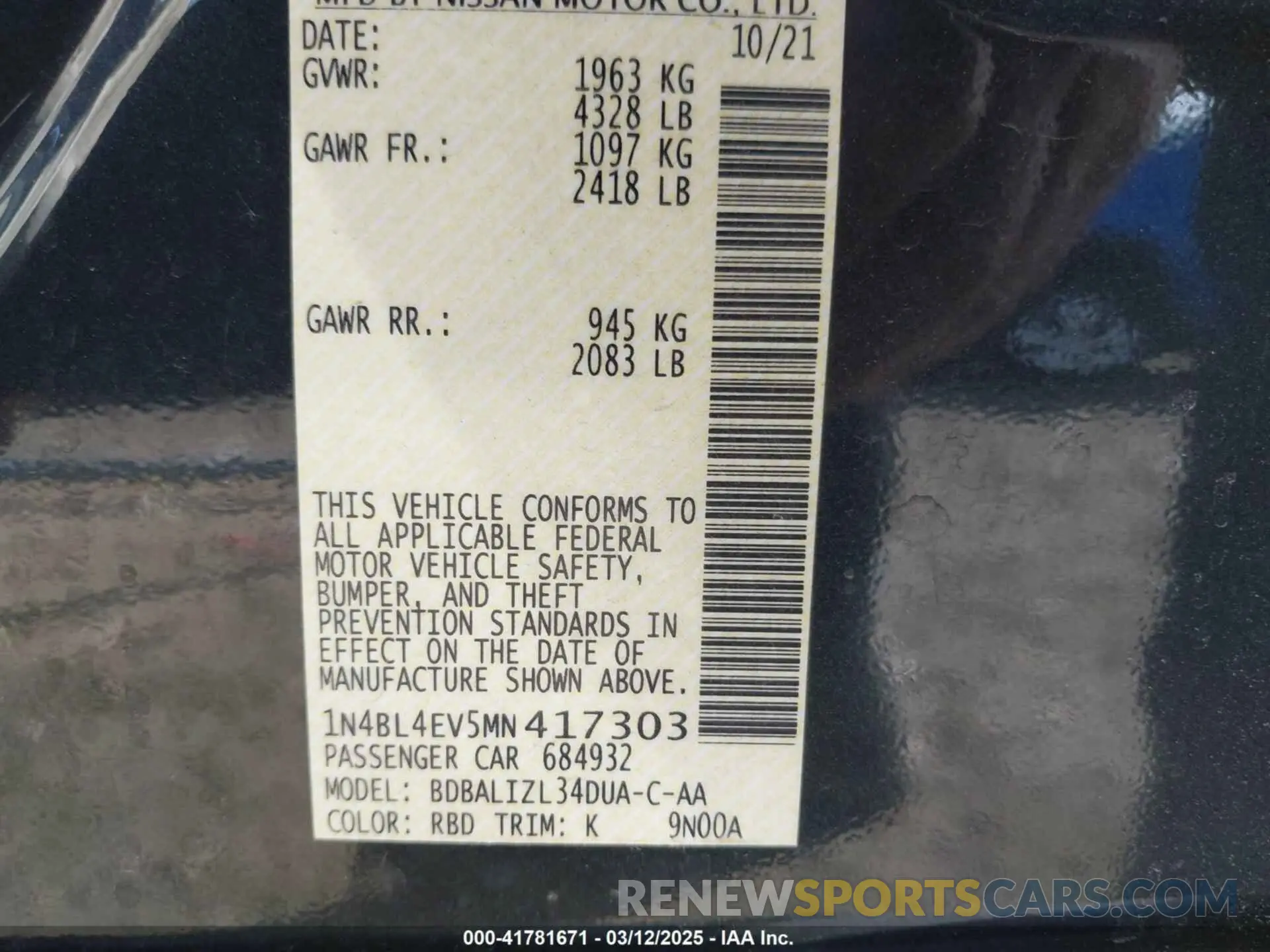 9 Фотография поврежденного автомобиля 1N4BL4EV5MN417303 NISSAN ALTIMA 2021