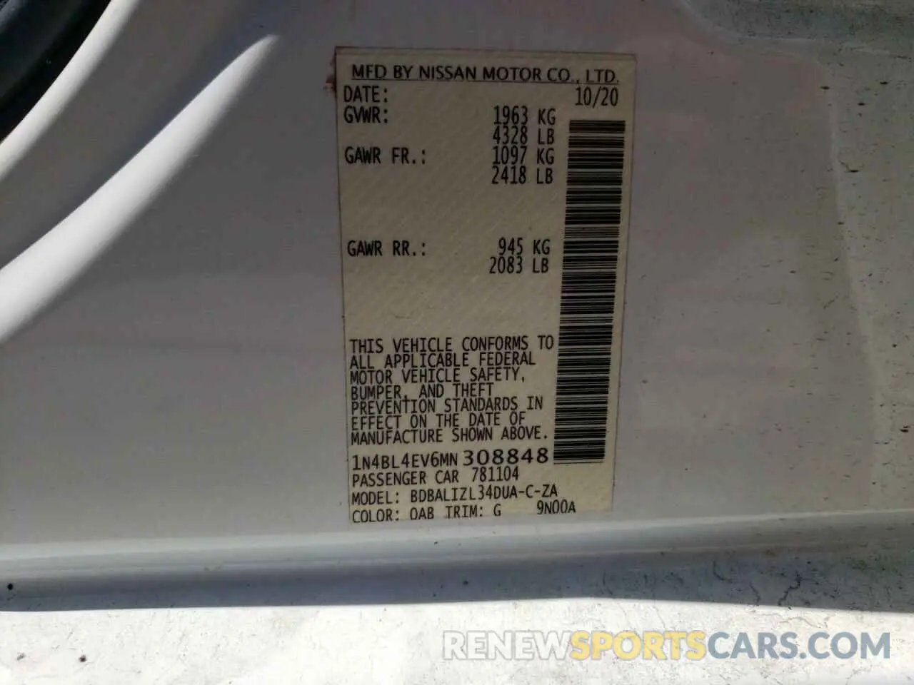 12 Photograph of a damaged car 1N4BL4EV6MN308848 NISSAN ALTIMA 2021