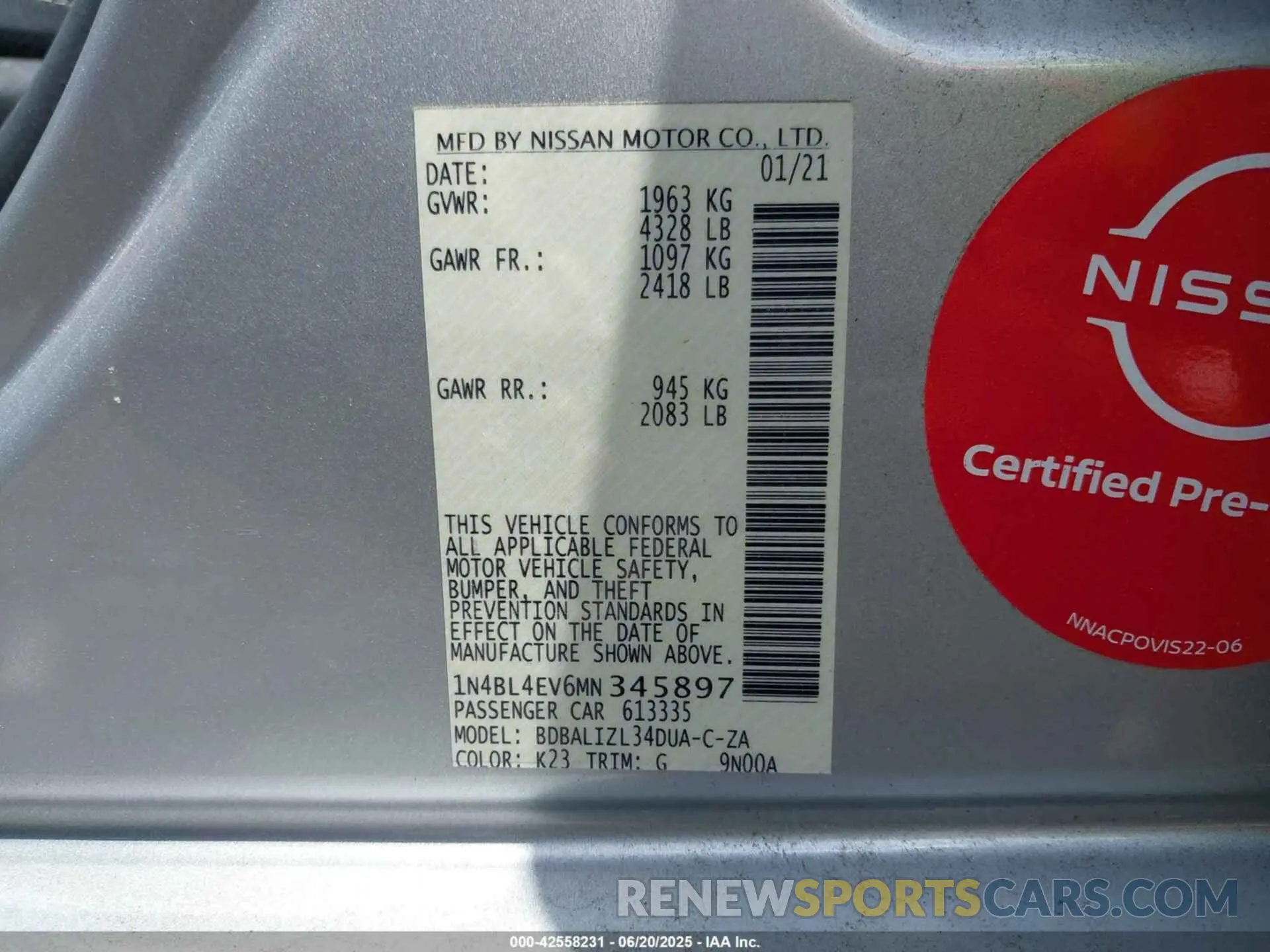9 Photograph of a damaged car 1N4BL4EV6MN345897 NISSAN ALTIMA 2021