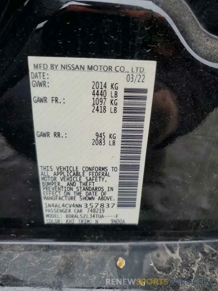 12 Photograph of a damaged car 1N4AL4CV4NN357837 NISSAN ALTIMA 2022