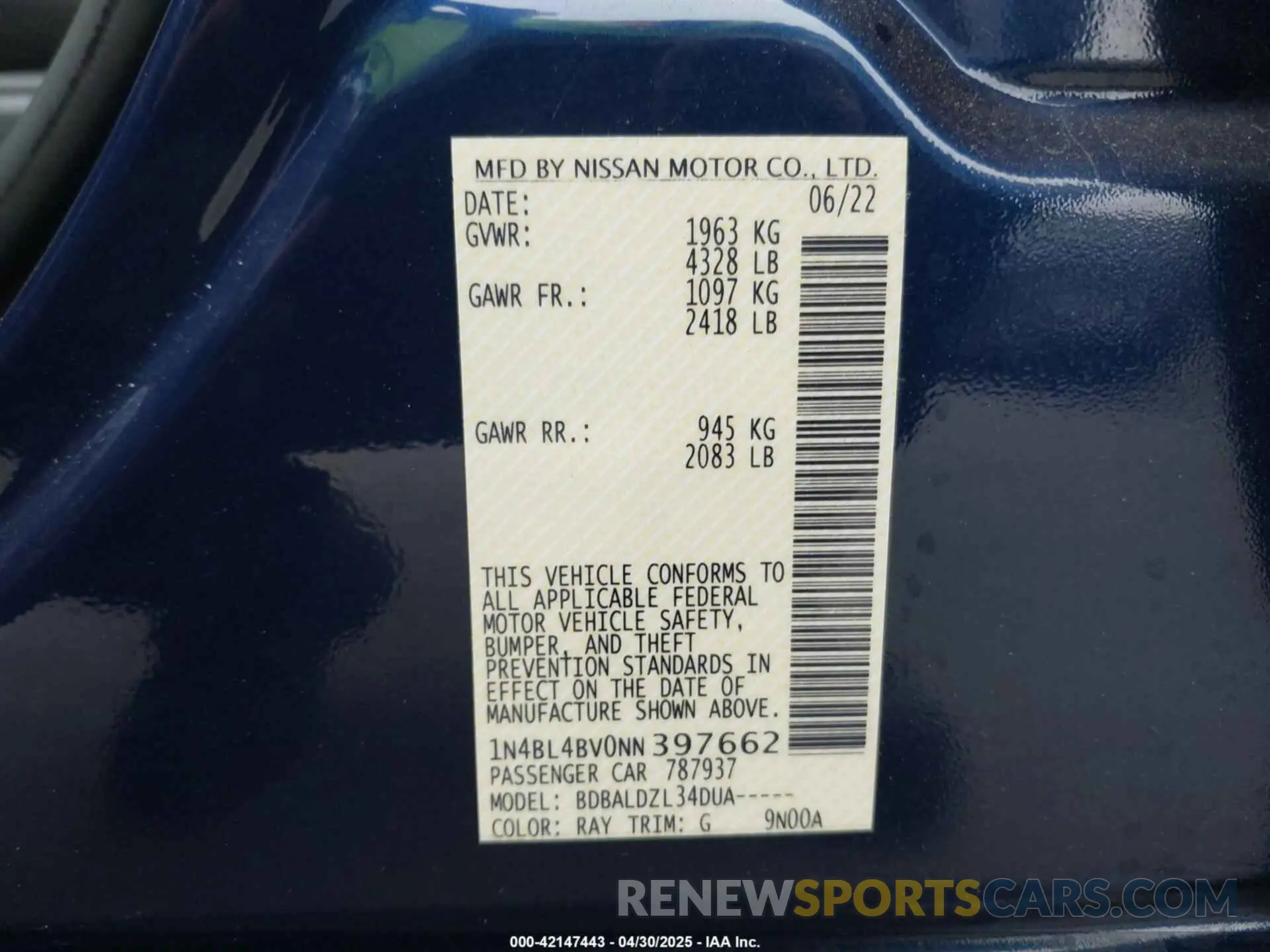 9 Фотография поврежденного автомобиля 1N4BL4BV0NN397662 NISSAN ALTIMA 2022