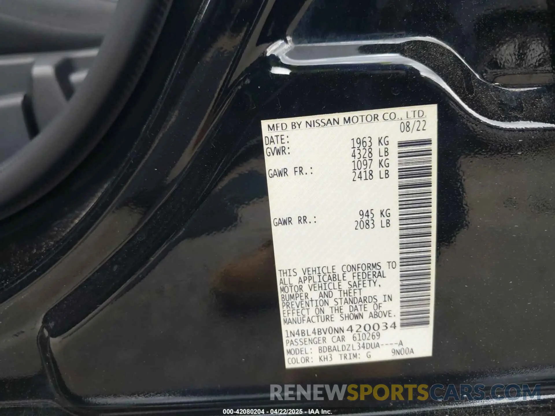 9 Photograph of a damaged car 1N4BL4BV0NN420034 NISSAN ALTIMA 2022