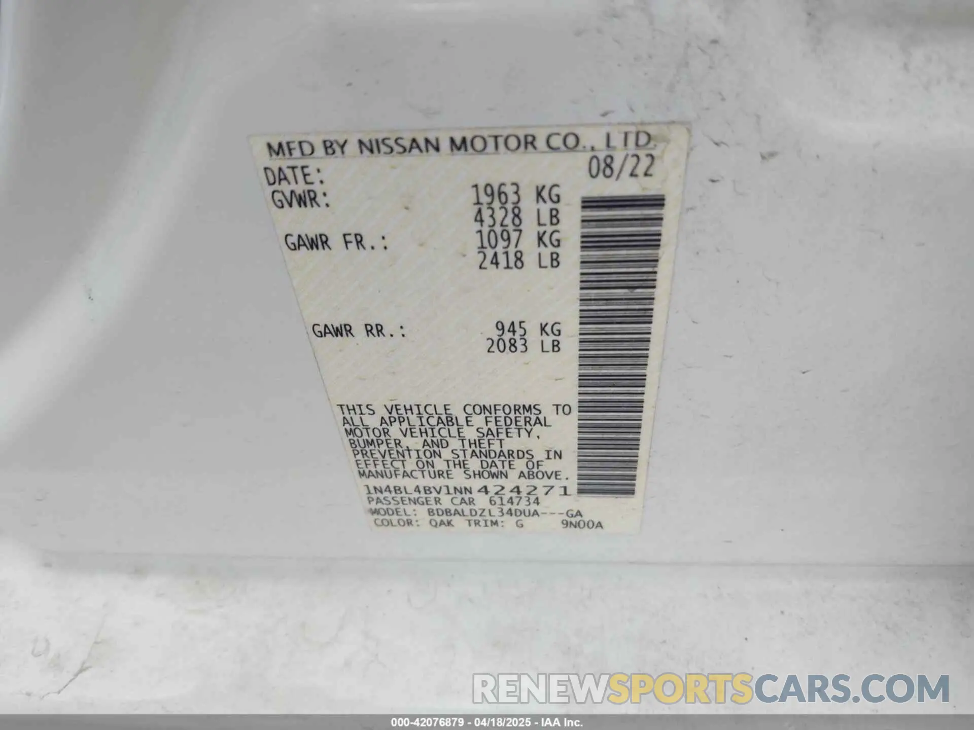 9 Фотография поврежденного автомобиля 1N4BL4BV1NN424271 NISSAN ALTIMA 2022