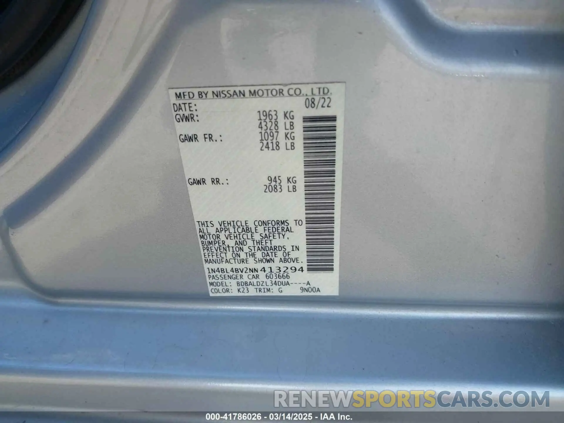 9 Фотография поврежденного автомобиля 1N4BL4BV2NN413294 NISSAN ALTIMA 2022